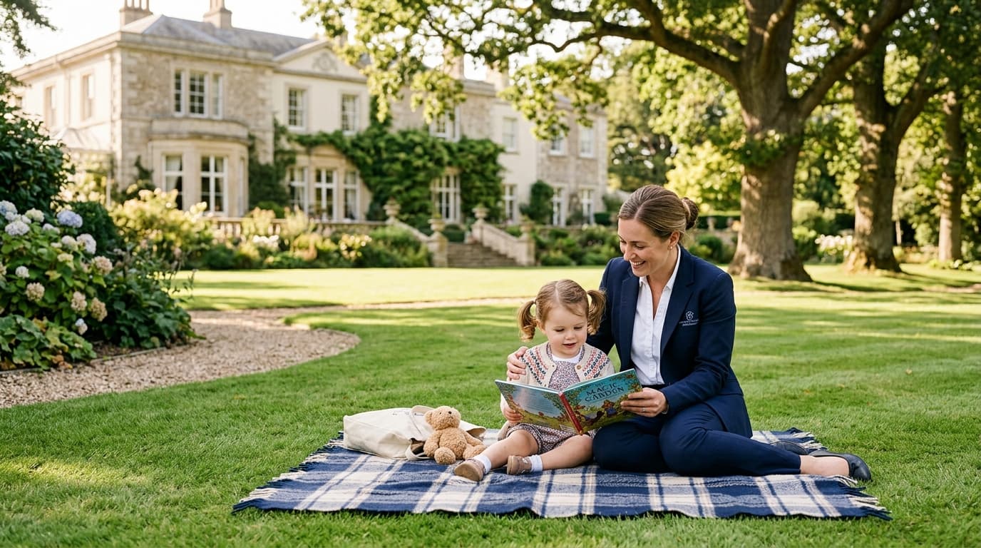 Professional nanny with child at luxury estate