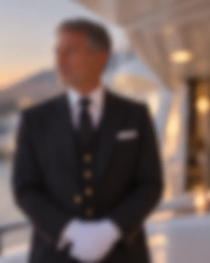 Chief steward in a formal uniform with white gloves on a harbour terrace, face blurred for privacy