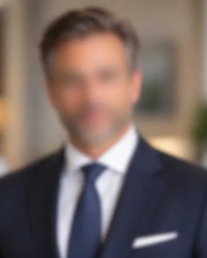 Estate manager in a navy suit inside a private residence, face blurred for privacy