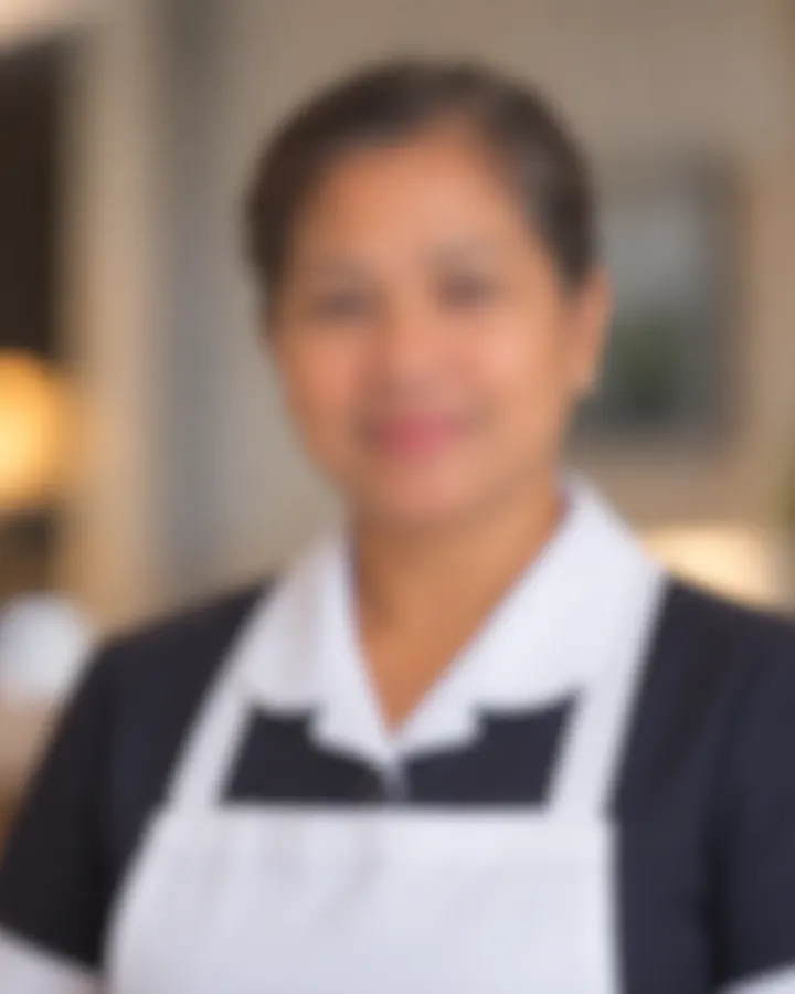 Head housekeeper in uniform and apron in a private residence, face blurred for privacy